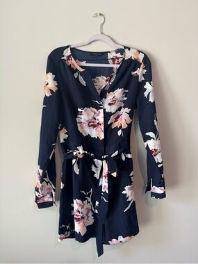 Dalia Navy Floral Long-Sleeve Wrap Romper with Belt